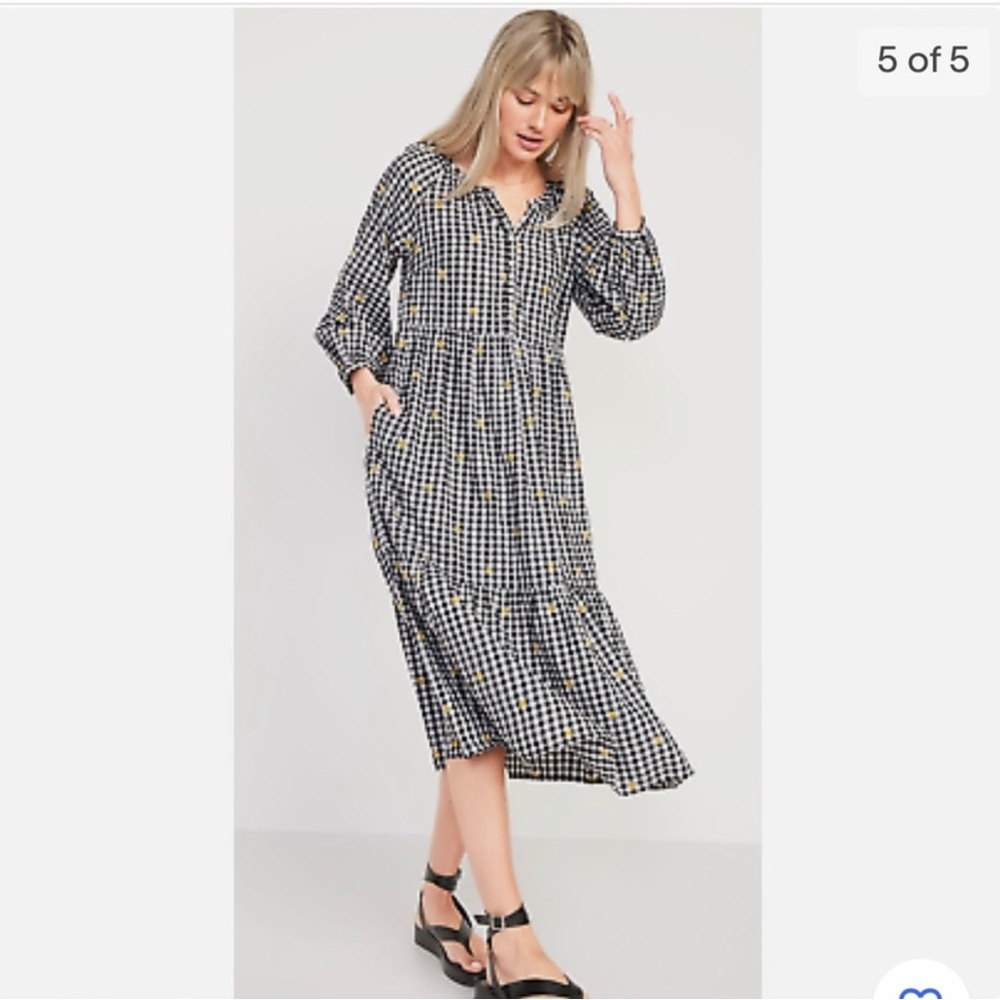 Black and white gingham dress with embroidered yellow flowers